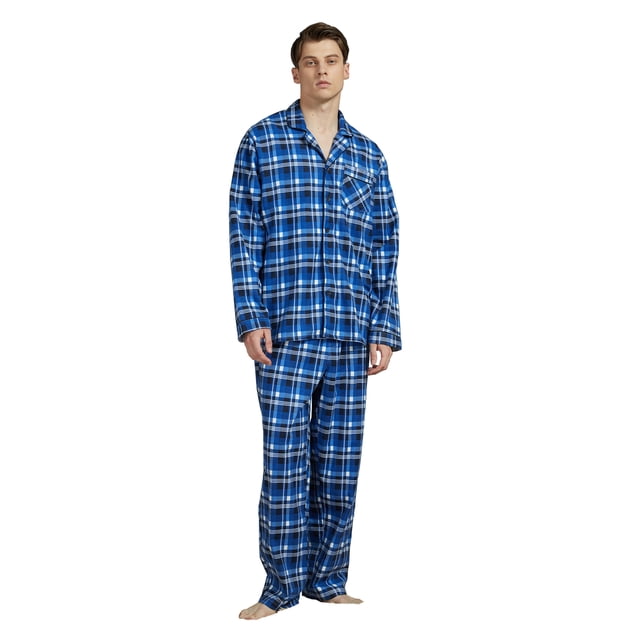 Apparonia Conjunto de Pijamas para Hombre de Algodón con Cuello con Muesca, Pijamas de Manga Larga para Hombre con Bolsillos y Frente, Fly Azul a Cuadros M