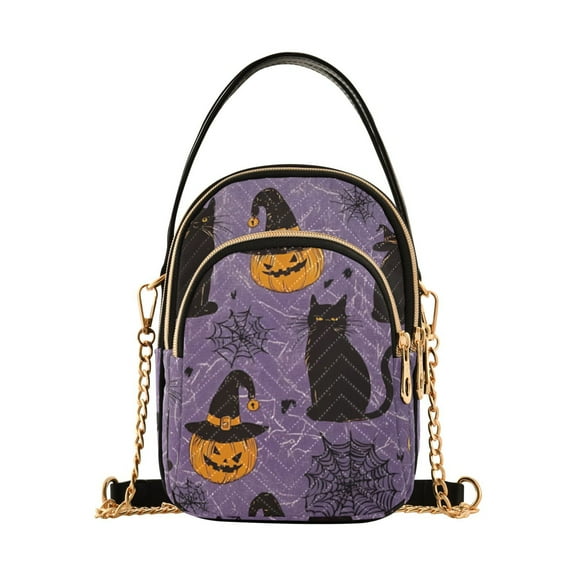 FORMRS Crossbody Bag for Women Quilted Travel Shoulder Cell Phone Purse with Chain Strap Handbag, Purple Halloween Black Cat