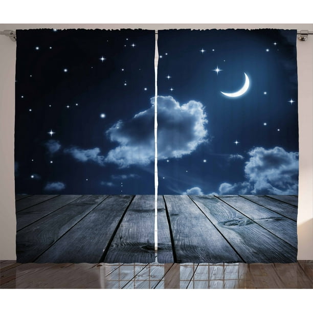 Dark Blue Curtains 2 Panels Set, Vivid Night Sky with Stars Clouds and