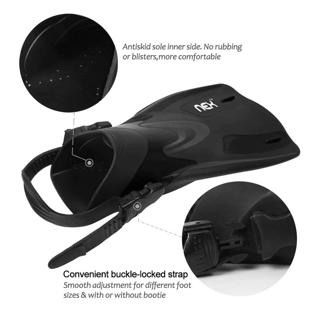NEX Adult Adjustable Snorkeling Diving Fin- Short Blade, Adjustable Flippers, Diving Equipment, 1 Pair – Black Color (NX-G007-XS-S)