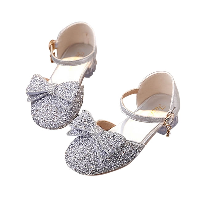 Half Sandals for Girls, High Heel Princess Style, Silver Metallic Finish, Adjustable Strap, Non-Slip Sole, Lightweight Flexible Design