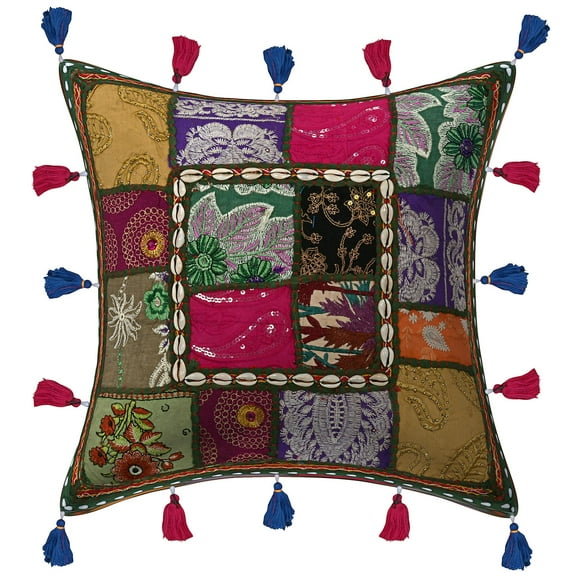 Stylo Culture Indian Sofa Throw Pillow Cover 16x16 Embroidered Patchwork Cowrie Tassels Dark Green Hippie 40cm x 40cm Bed Room Cotton Floral Square Cushion Cover | 1 Pc