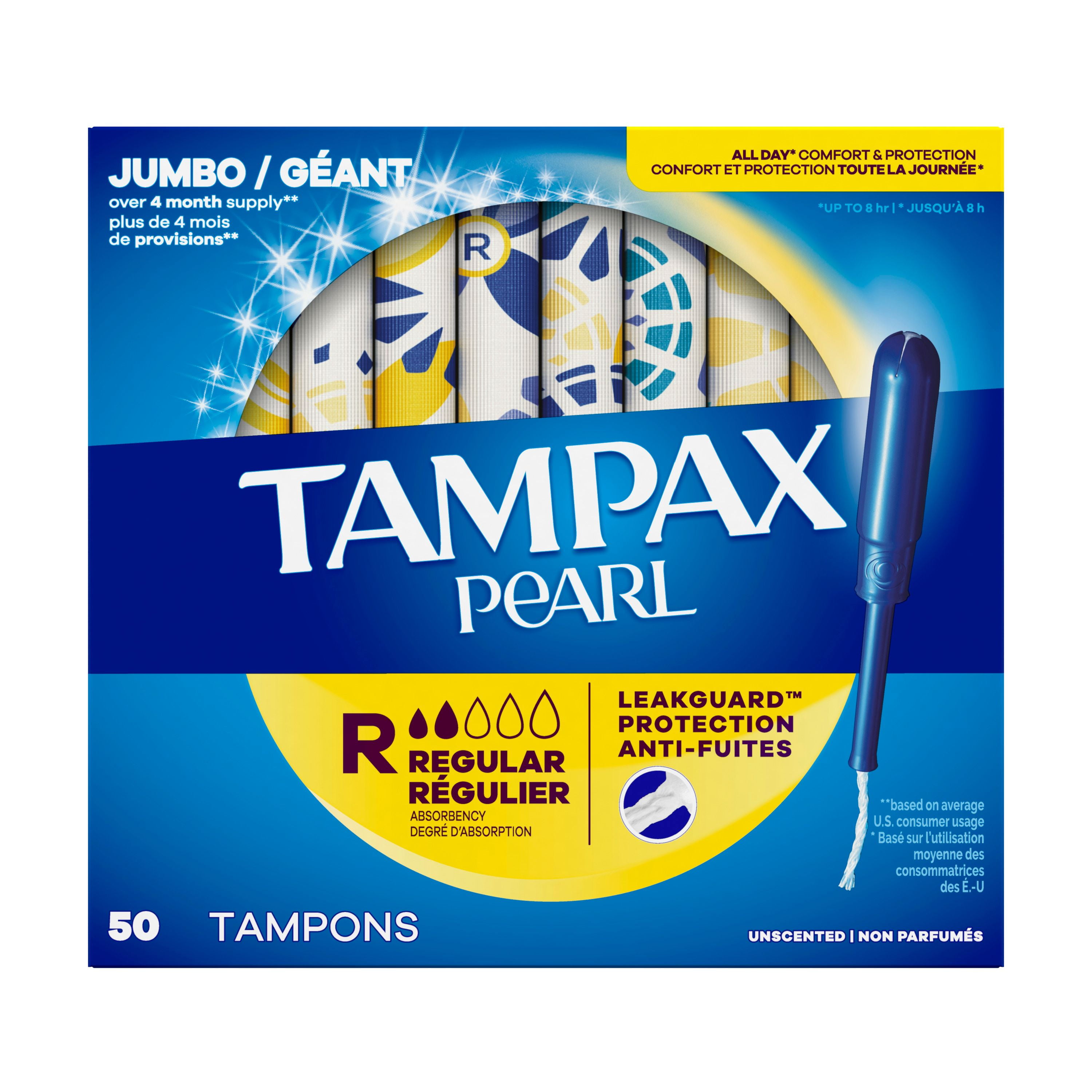 Tampons Tampax Pearl avec tresse anti-fuites LeakGuard, degré d’absorption régulier, non parfumés, 50 tampons 50CT