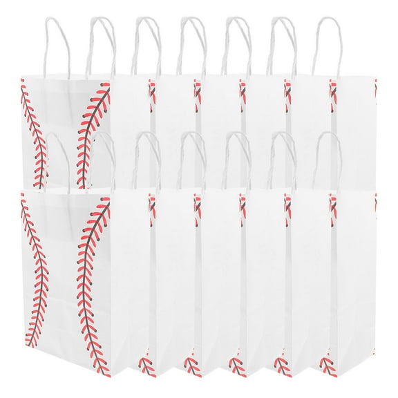 TEHAUX 12Pcs Baseball Themed Paper Bags White with Handles for Party Favors