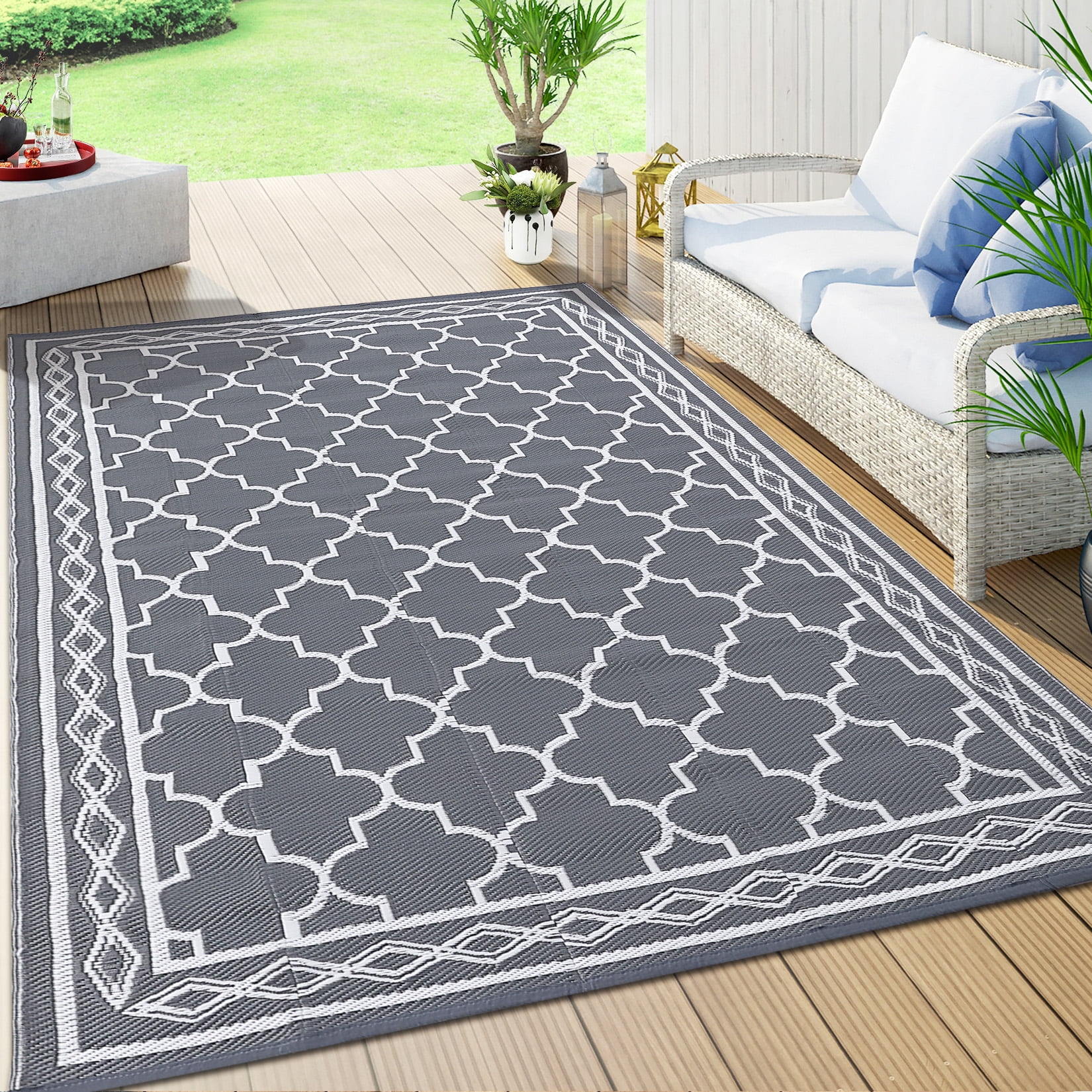 Twister.CK Outdoor Rug 10x14ft Waterproof for Patios, Plastic Straw Rug Camping Carpet Mats for Picnic, Backyard, Deck, Balcony, Porch, Beach, Gray & White