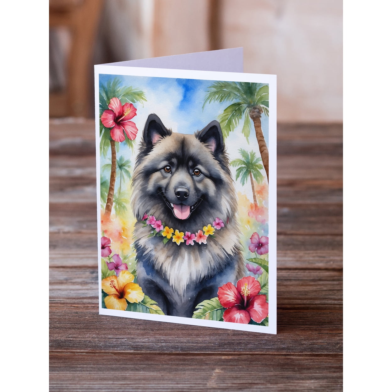 Keeshond Luau Greeting Cards Pack of 8 7 in x 5 in