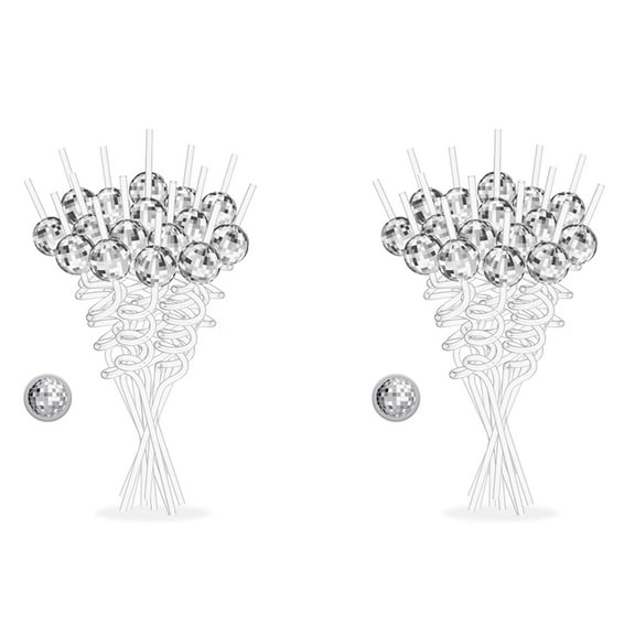 32PCS Disco Ball Straws, Decorations Straws with Mini Silver Decor, 70s Supplies