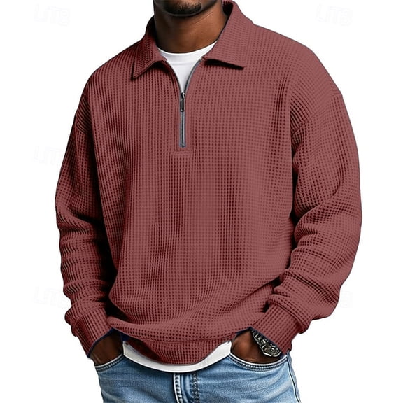 Relaxed Fit Corduroy Polo Shirts for Men Big and Tall Quarter Zip Pullover Winter Thermal Long Sleeve Waffle Knit Shirt Wine S
