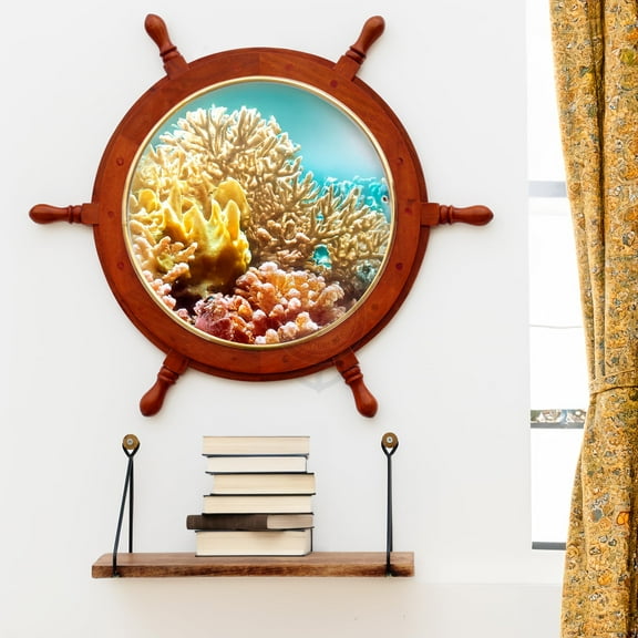 Nagina International Nautical Wooden Ship Wheel Photo Frame | Natural Wood Finish | Pirate's Home Decor Gift (24 Inches)