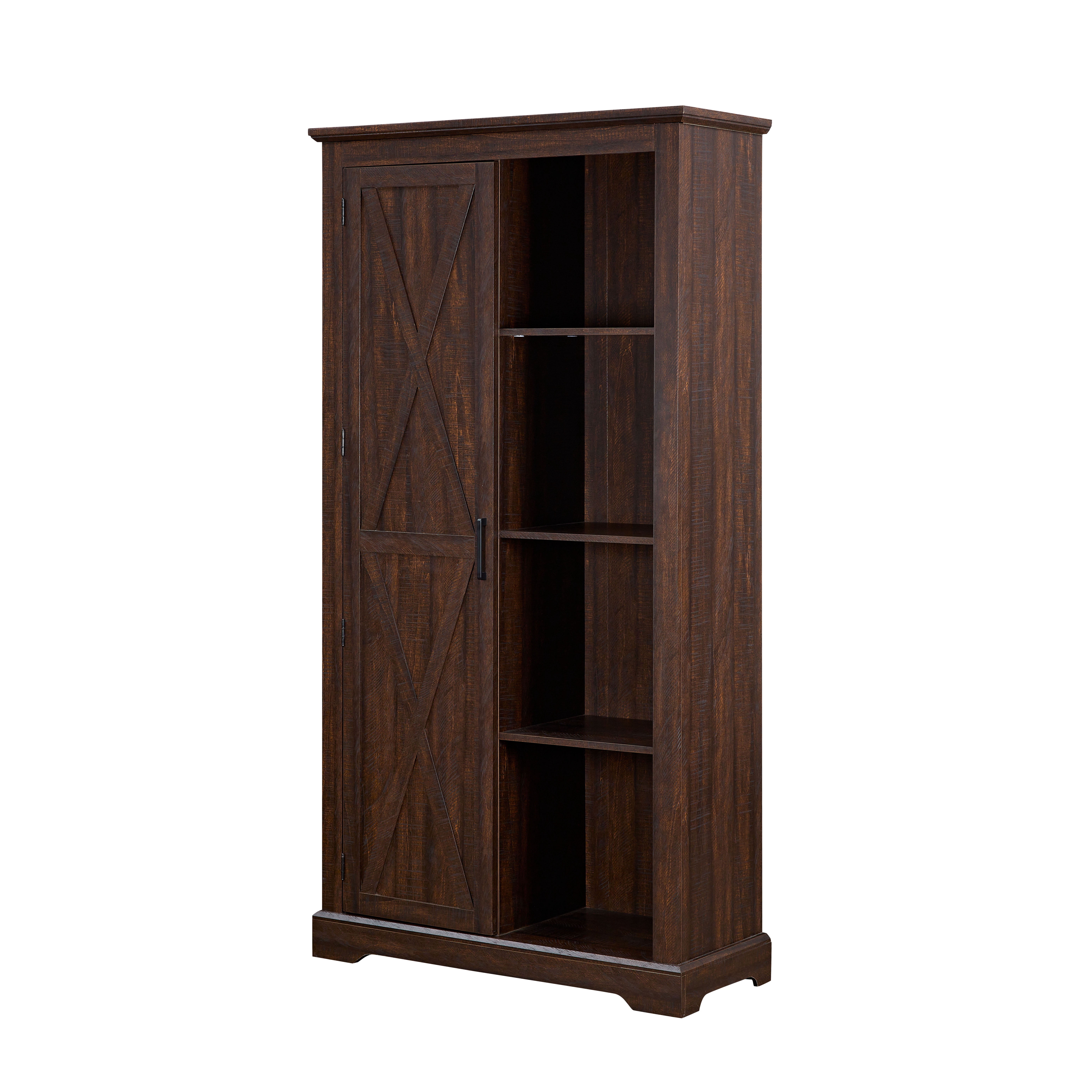 Rustic Farmhouse Tall Storage Cabinet Bookcase with Sliding Barn Door, Adjustable Shelf, Pantry Cupboard Kitchen Organizer Furniture Home Drawer Shelves