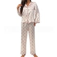 thumbnail image 4 of ManxiVoo Printed Satin Pajama Set Long Sleeve Top and Pants Comfortable Sleepwear for Women L Size Beige, 4 of 6