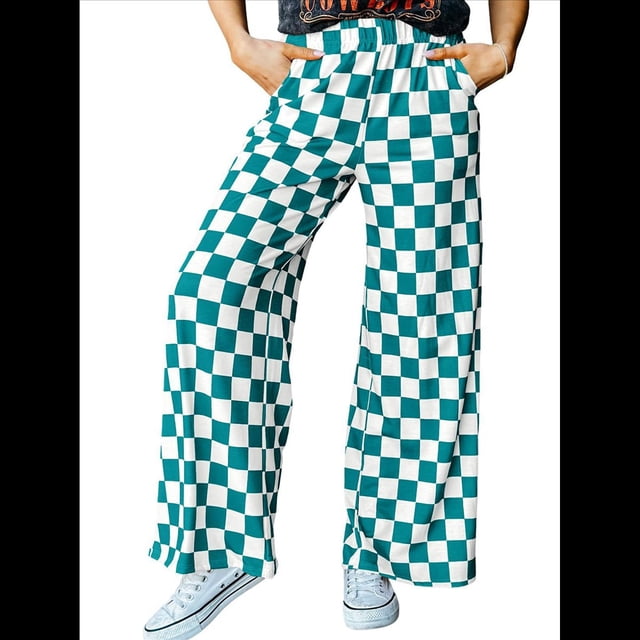 Pantalones Casuales A Cuadros para Mujer, Cintura Elástica, Cómodos, Holgados, de Pierna y con Bolsillos Verde Pavo Real XL