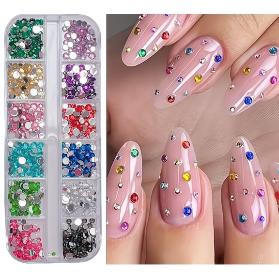 12-Color Round Diamond Nail Charms - Flat Back Colorful Rhinestones for Nail Art and DIY Projects