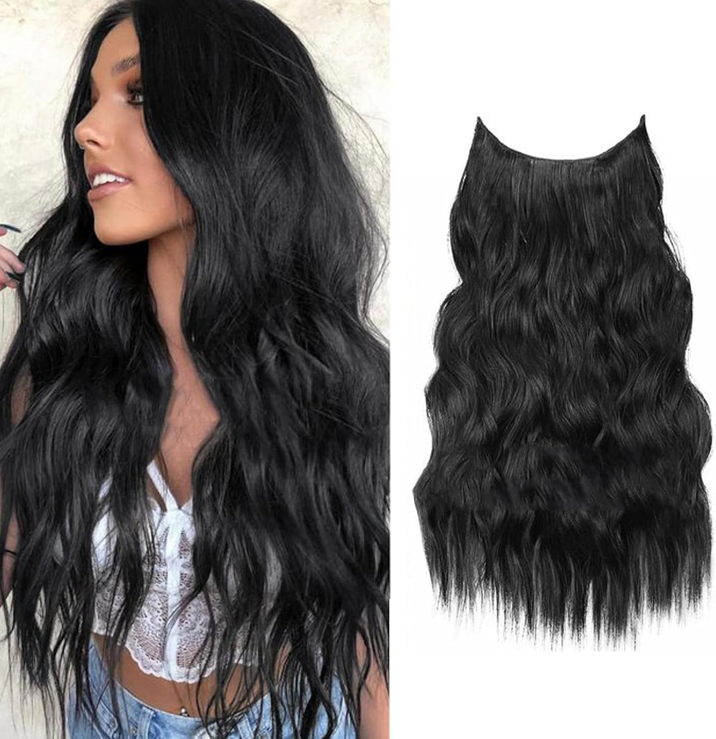 Aorsher 20 Inch Halo Hair Extensions, Invisible Wire Hair Extensions with 4 Secure Clips, Adjustable Size Transparent Headband Long Wavy Secret Black Hairpiece for Women