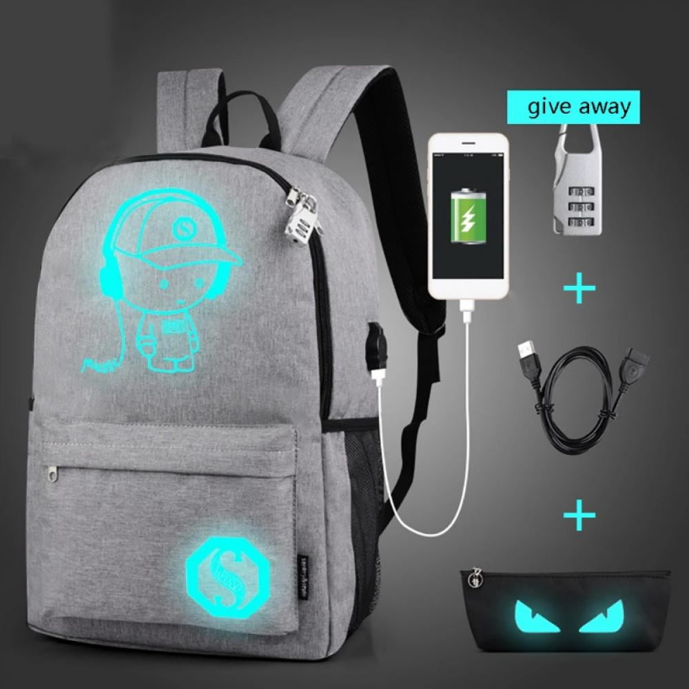 Black School Bags,Anime Luminous Backpack USB chargeing Port Laptop Bag Handbag Canvas Shoulder Daypack for Cool Girls Boys Teens Outdoor Backpack