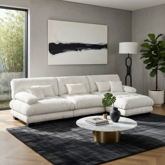 Spaco Luxury Chenille L-Shaped Modular Sectional Sofa with Convertible Ottoman, Oversized Deep-Seat Cloud Couch for Living Room, White