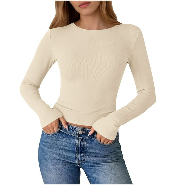 ShomPort Hauts Courts Légers pour Femmes Manches Longues Col Rond Élastique Chandail-Over T-Shirts Couleur Unie Respirant Confortable Couche de Base Blouses