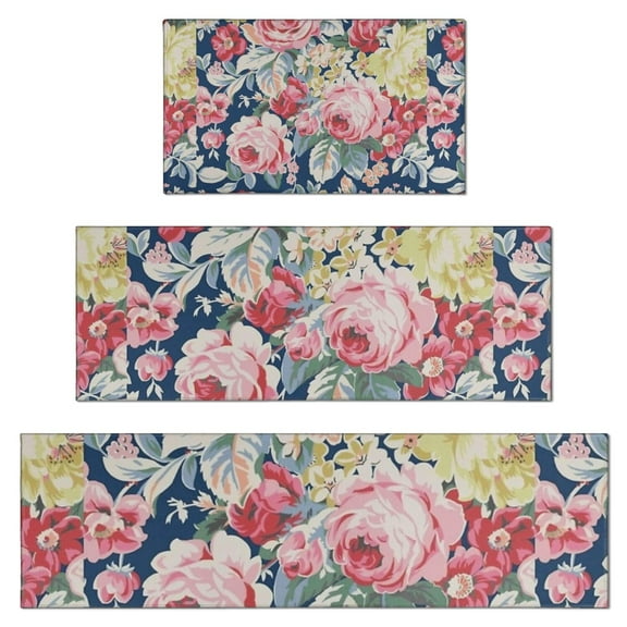Pioneer Flower Floral Print Pattern Kitchen Rugs Sets Of 3,Kitchen Runner Rugs Non Skid Washable,Decorative Kitchen Floor Mats for Kitchen,Sink,Laundry,17"x30"  17"x47"   17"x59"