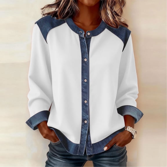 Womens Button Up Tops Patchwork Denim Cardigan Color White Size L