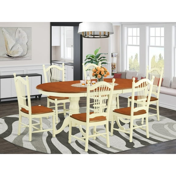 East West Furniture Plainville 7-piece Wood Dining Table and Chair Set in Cherry