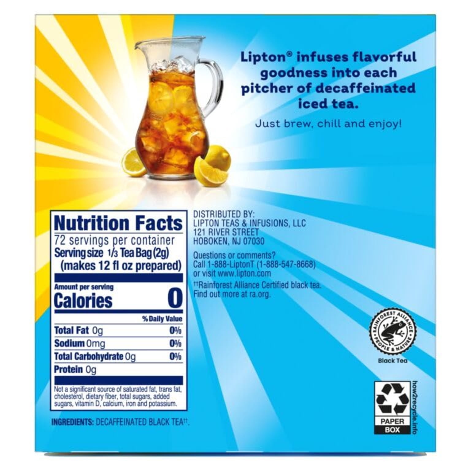 Lipton Decaf Black Iced Tea Bags, Family Size, Zero Calories, 72 Tea Bags Total (24ct - Pack of 3), Unsweetened Decaffeinated Black Tea
