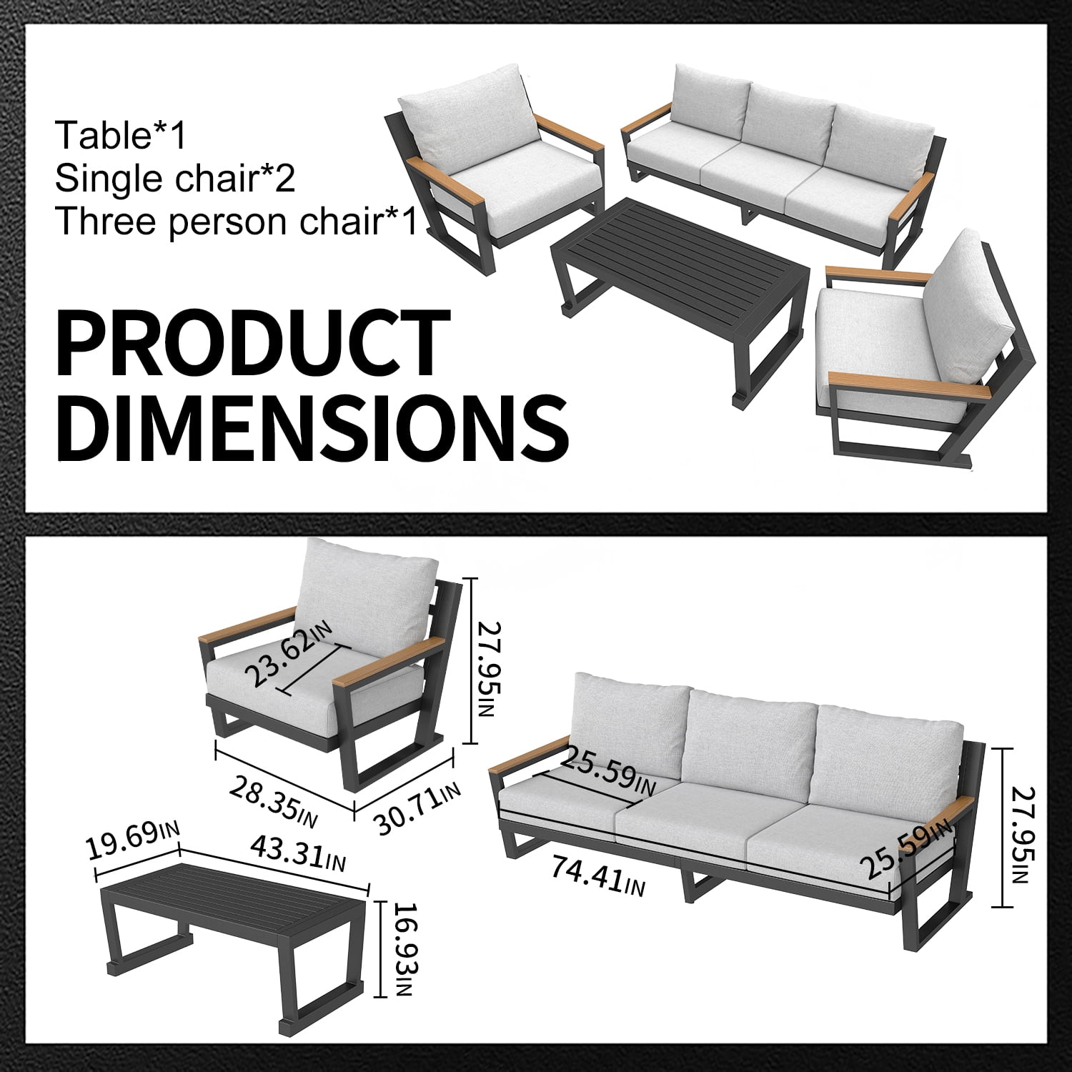 Aluminum Outdoor Sofa,5 Seats Modern Patio Furniture Set,Sectional Sofa Conversation Set with Coffee Table, Upgraded Washable Cushions for Garden Backyard,Grey