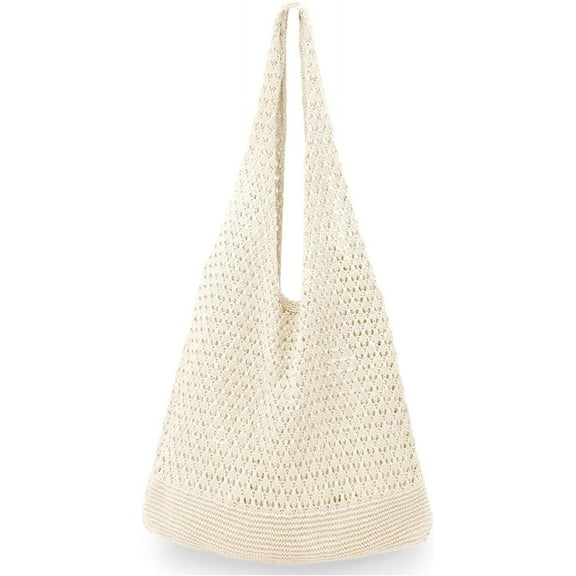 Gocvo Crochet Bag for Women, Crochet Tote Summer Bag Mesh Large Shoulder Bag (Beige 14 x 10 x 26.5in)
