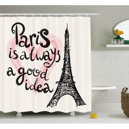 Heart Bathroom Accessories Eiffel Tower Decor Shower Curtain Set, Lettering In Heart Fashion Modern Europe Dream Tour Artful Sketch Illustration, Bathroom Accessories, 69W X 70L Inches, By Ambesonne ()