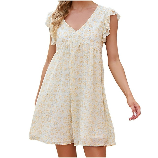 Robes d'Été Femmes Décontractées à Volants Manches Courtes Mini Robe Col en V Imprimé Floral Bohème Plage Vacances Robe Courte