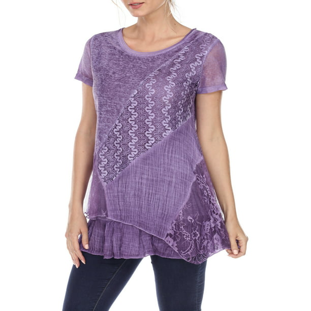 Simply Couture Short Sleeve Lace Mixed Media Layer Top, Womens ...