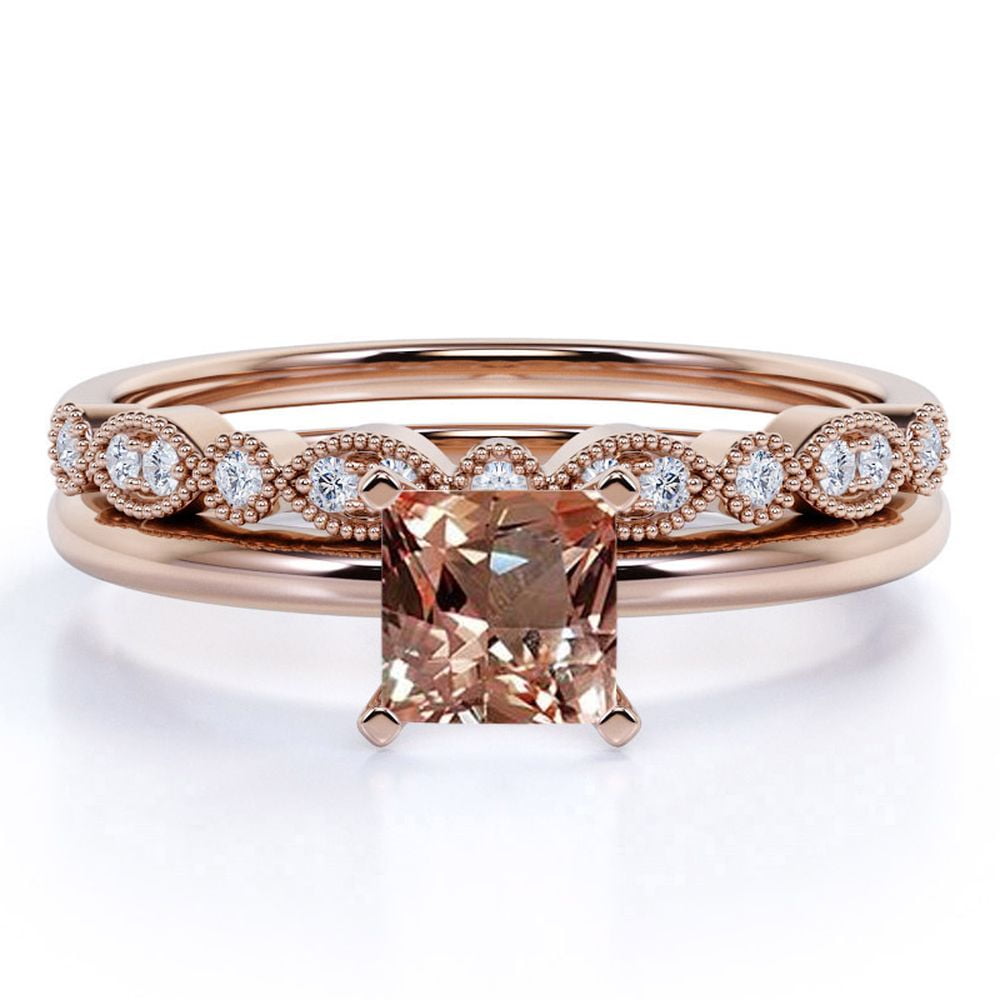 JeenMata Affordable 1.75 Carat Princess cut created morganite and Moissanite Bridal Wedding Ring Set with Engagement Ring and Wedding Band in 18k Gold Over Silver