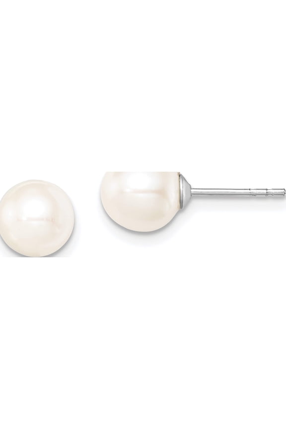 Sterling Silver Rh-Plated 7-8mm White Fw Cultured Round Pearl Stud Earrings Made In Canada qe12734
