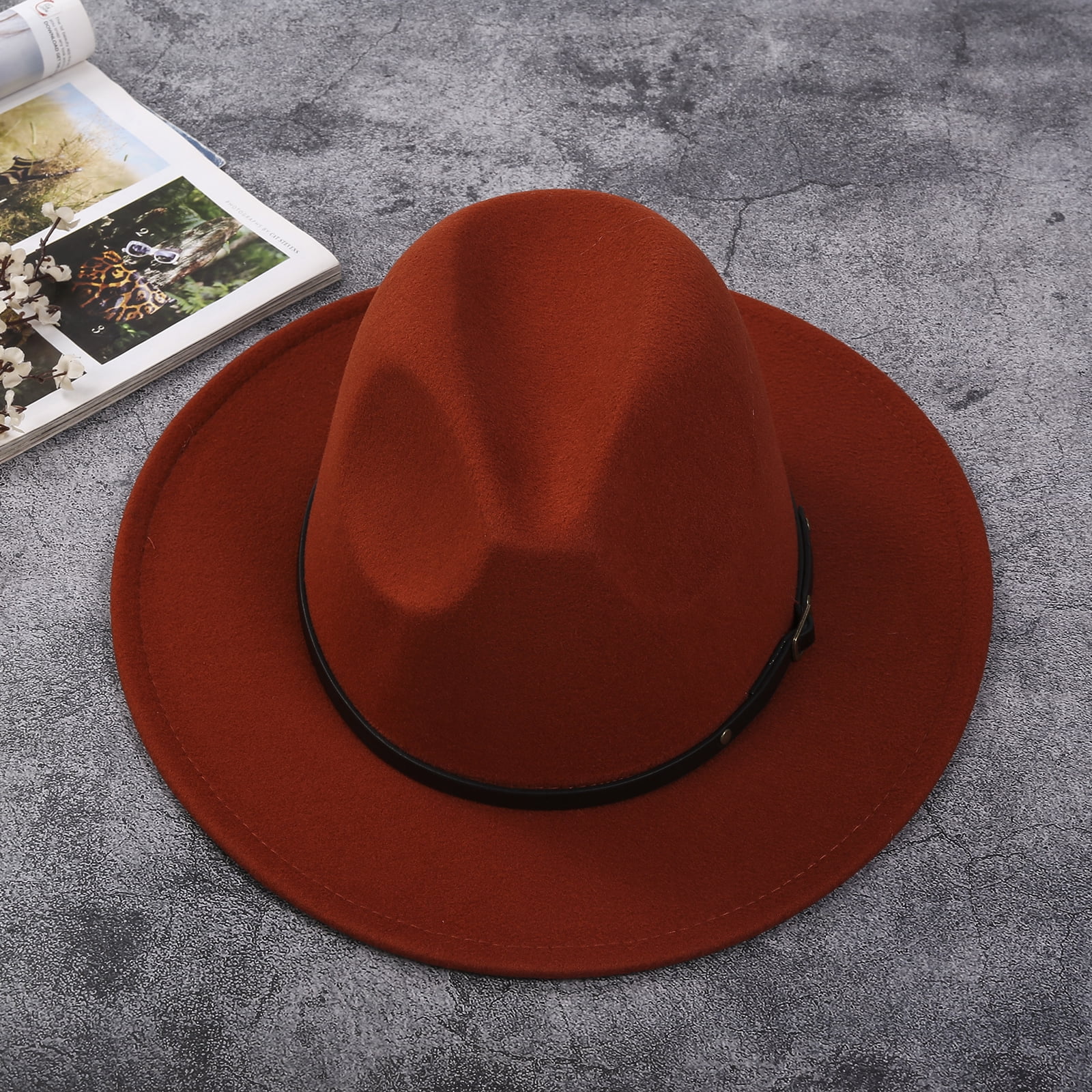 Men Women Vintage Felt Fedora Hat Wide Brim Panama Hats with Buckle 