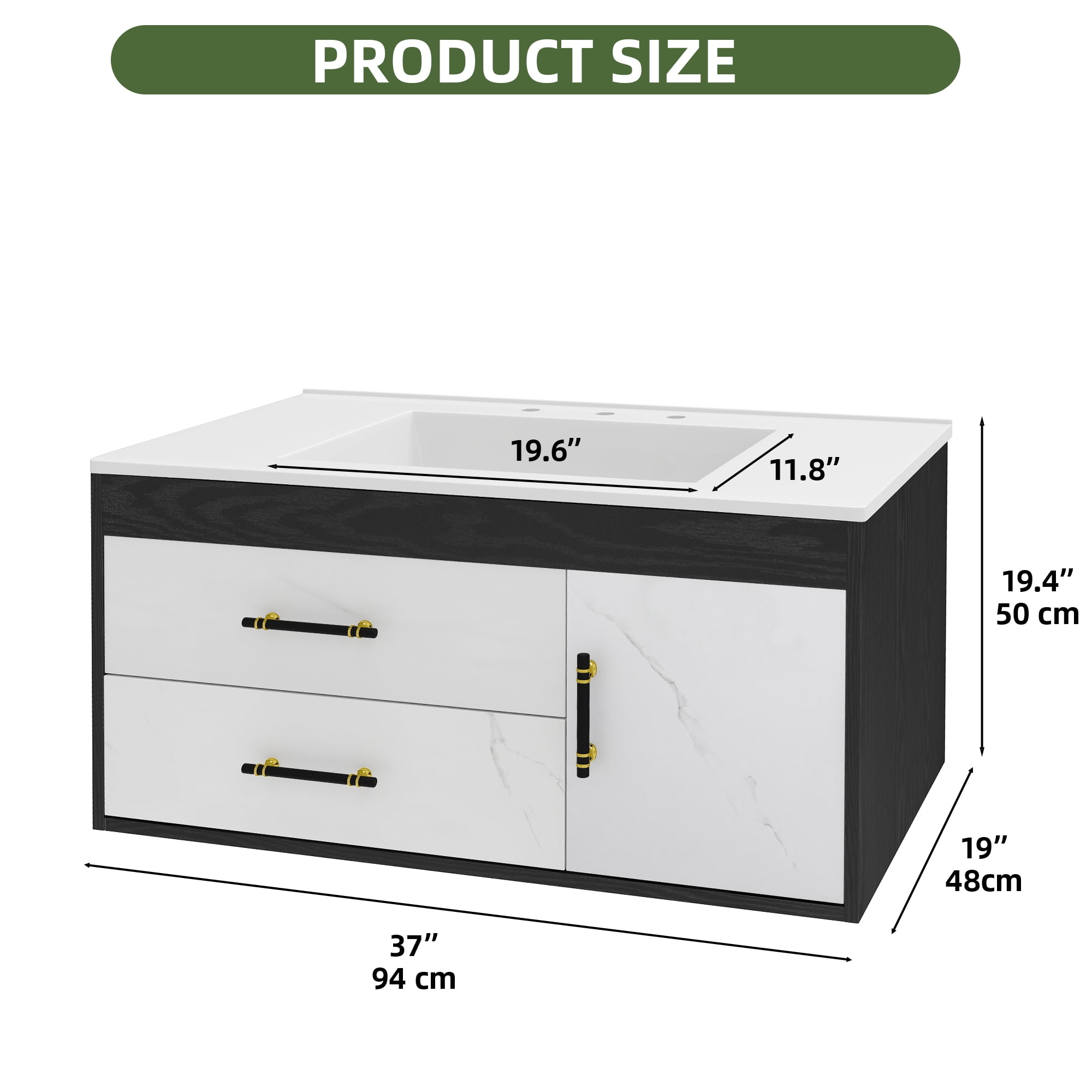 Uforic 37" Wall-Mounted Bathroom Vanity with Sink,  Floating Bathroom Cabinet with 2 Drawers