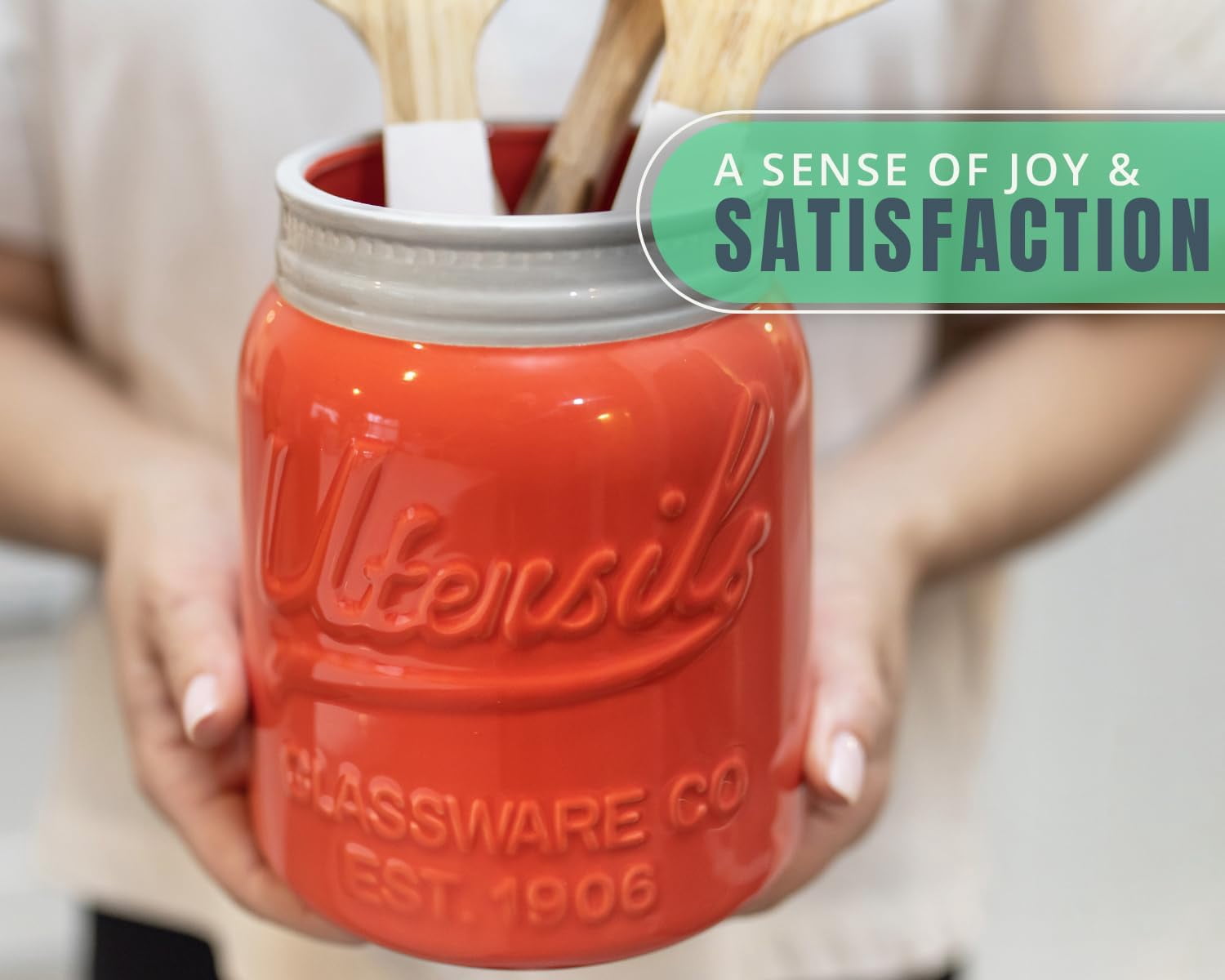 Comfify Ceramic Mason Jar Utensil Holder Countertop Crock, Coral