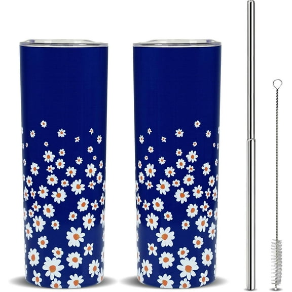 Daisy Skinny Tumblers with Lids and Straws - 20oz Stainless Steel Insulated Floral Travel Slim Cups, Perfect Daisy Gifts for Women, Daisy Decor, Keeps Drinks Hot for 4  Hours and Cold for 10  Hours
