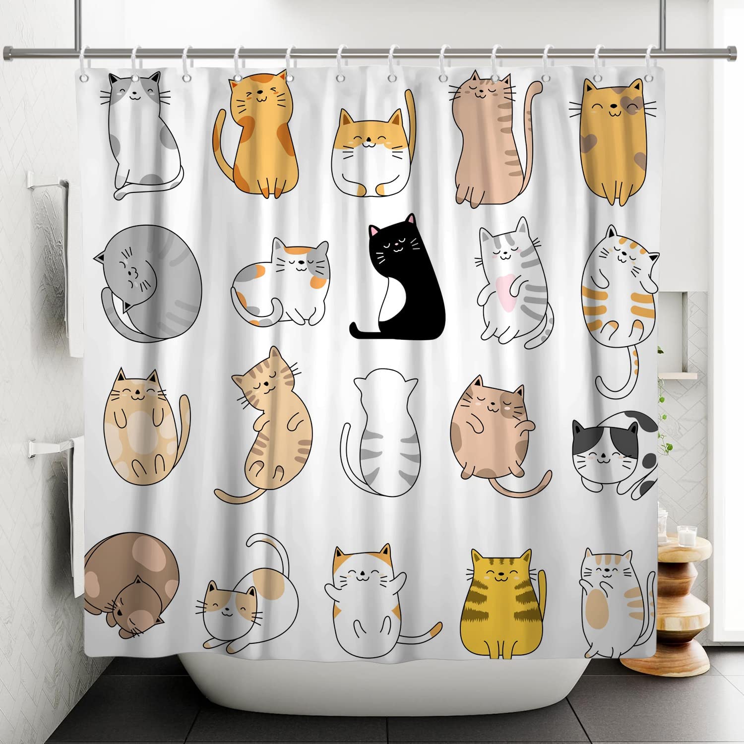 Funny Cat Shower Curtain Modern Abstract Minimalist Kitten Colorful Lively Cat Bath Curtains