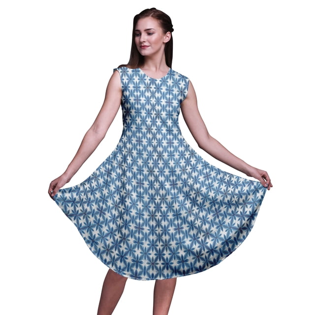 Bimba Robe Midi Évasée d'Été Sans Manches à Imprimé Floral et Géométrique Bleue Shibori pour Femmes - Petit