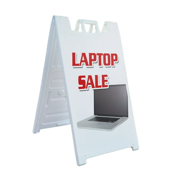 A-frame Sidewalk Laptop Sale 24" x 36" Double Sided A-Frame Sidewalk Sign, Includes 2 Plastic Inserts | Foldable Portable White Signicade Sandwich Board Signs