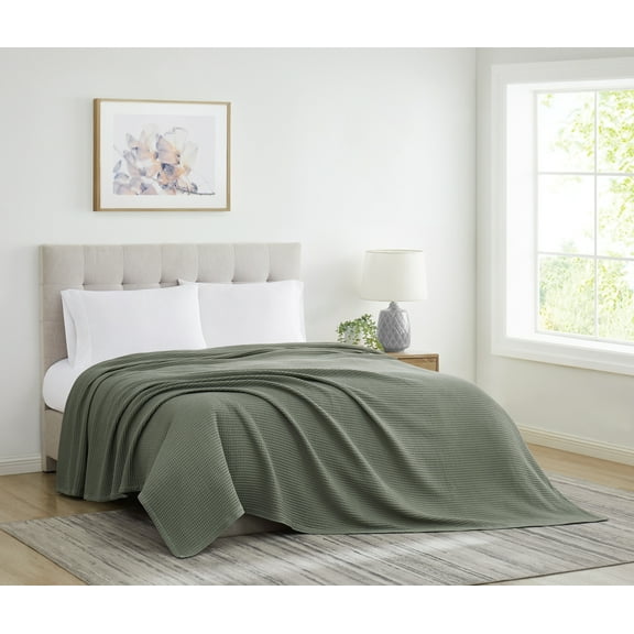 Cannon Heritage 100% Cotton Waffle Weave Green Twin Blanket, Solid Casual themed, Adult Bedding, OEKO-TEX Certified