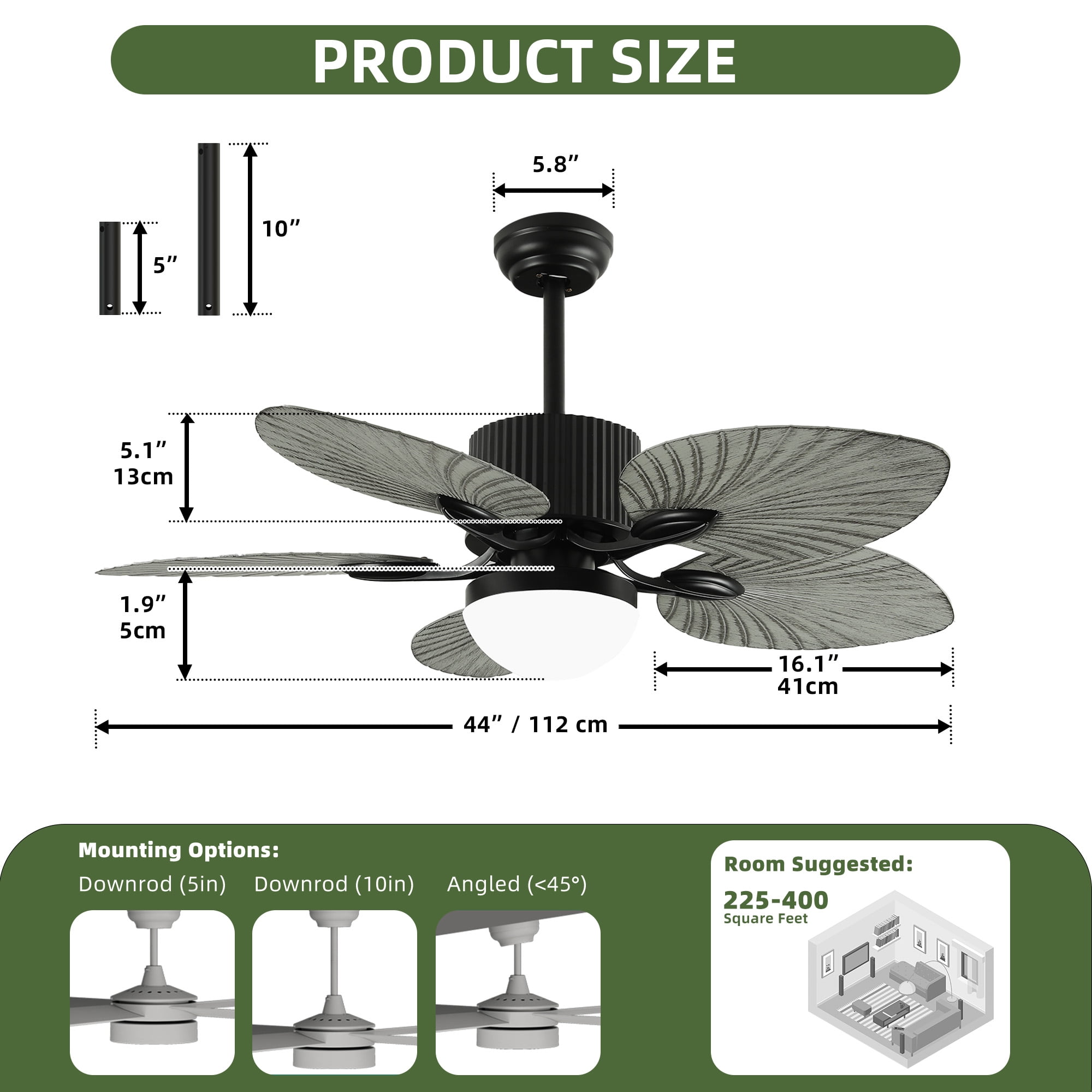 Uforic 44 Inch Tropical Coastal Ceiling Fans with Lights and Remote Control, 5 Palm Leaf Blades for Living Room,Bedroom - Gray