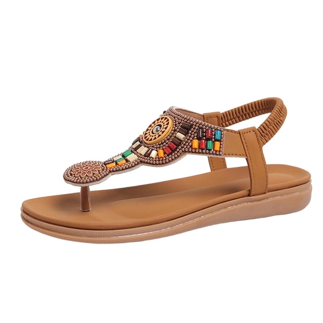 Sandalias Planas con Correas de Tobillo Bohemian Beaded Toe Post Sandalias para Mujeres, Correa Elástica Zapatos Casuales para el Uso de la Playa de Verano