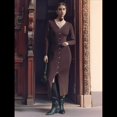 thumbnail image 4 of Vestido Midi de Punto Acanalado para Mujer, Estilo Informal, Cuello en V, Larga, Ajustado, para Otoño de 2025 Marrón XL, 4 of 8