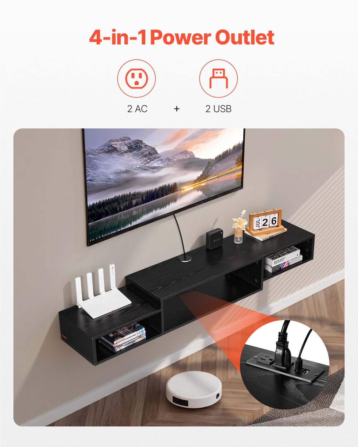 VEVOR Floating TV Stand, 59" Wall Mount Entertainment Center with Power Outlet & Cable Hole, Modern Floating TV Shelf with Storage Cabinet for DVD Player, Cable Box, Game Console,TV Accessory,Black
