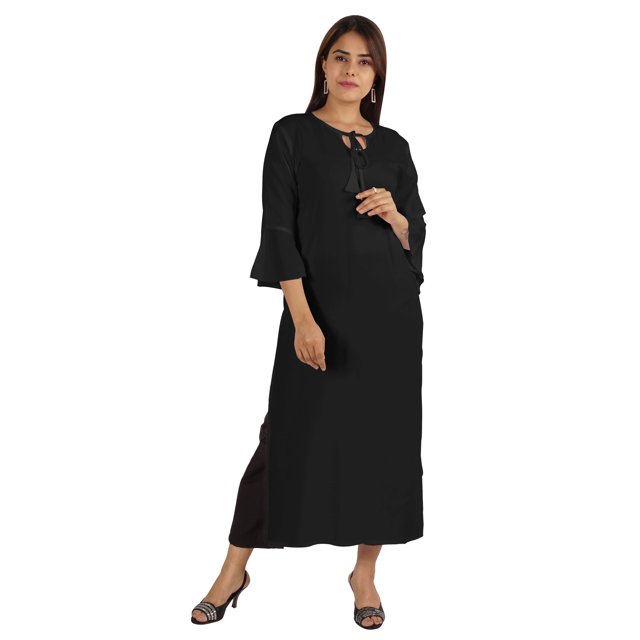 Moomaya Solid Rayon Kurta For Women bell Sleeve Drawstring Neck Long Ethnic Kurti