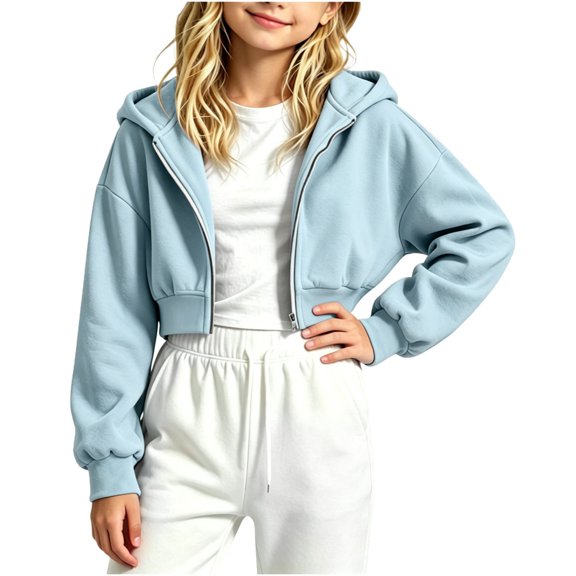 ShomPort Zip Up Hoodies for Girl Cropped Sweatshirts Fall Trendy Outfits Fleece Kids Little Girls Clothes 5-15 Years