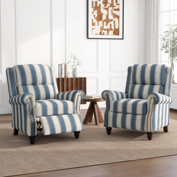 Push Back Recliner Armchair Wingback Recliner Chair Sets of 2 for Living Room,Stripe Navy