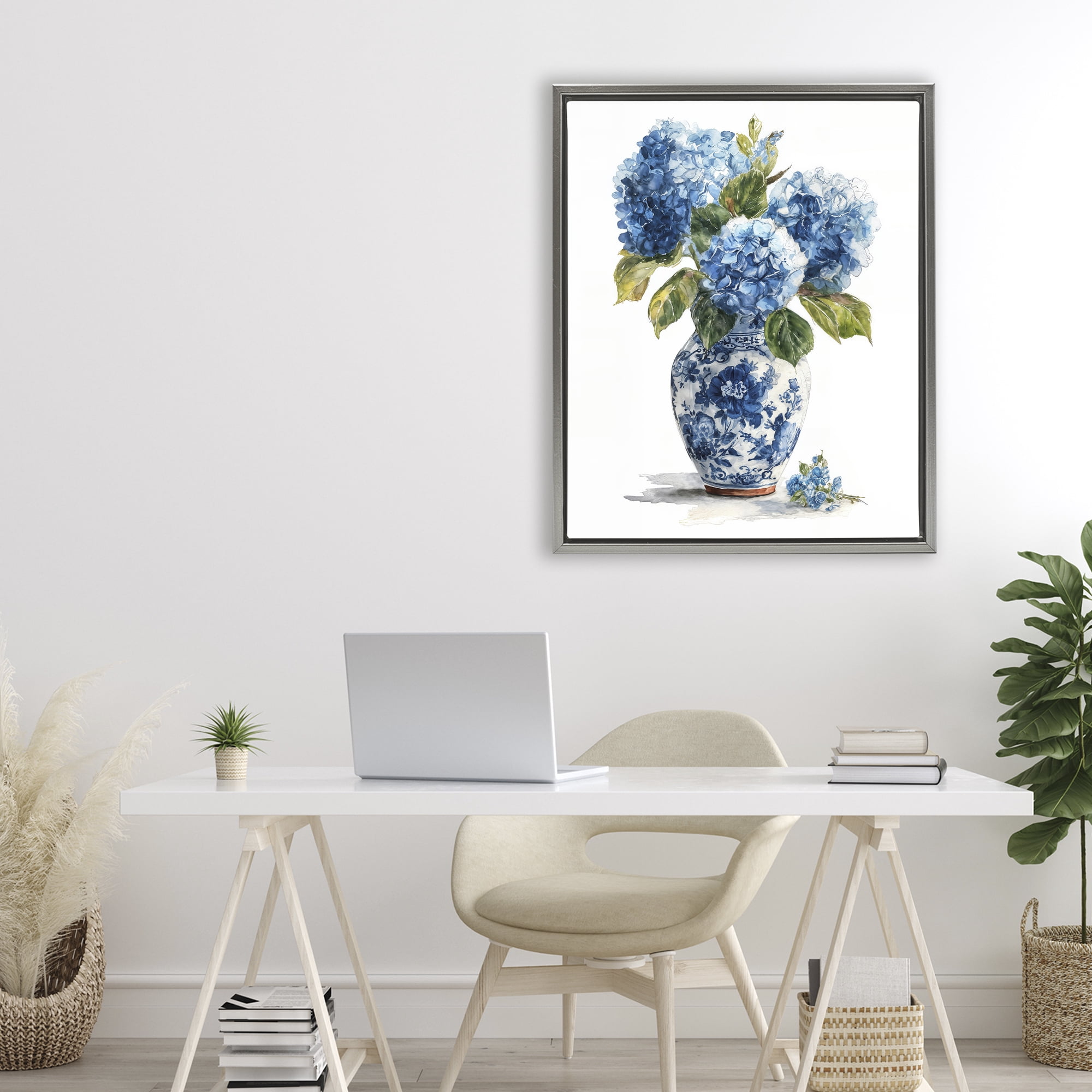 Stupell Industries Porcelain Vase with Hydrangea Bouquet Gray Framed Floater Canvas Wall Art, design by Imagine It Images