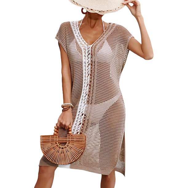 Vestido de playa de ganchillo con abertura en el muslo para mujer, bloque de color, sin mangas, cuello en V Caqui CH Caqui CH Xishao ropa