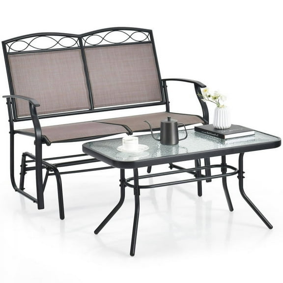 Spaco Outdoor Gliding Loveseat Chair, Deluxe Outdoor Patio with Tempered Glass Coffee Table-2 Pieces